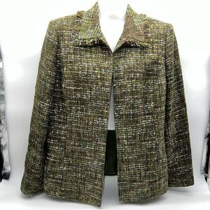 Le Suit Green/Earth Tone Tweed Lined Long Sleeve Jacket w/Fringe Collar-Size 10P